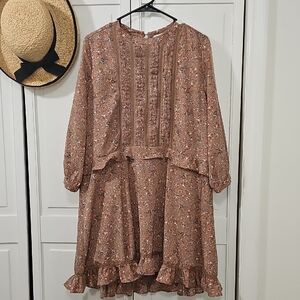 Choklate Dusty Mauve Floral Pintuck Long Sleeve Dress